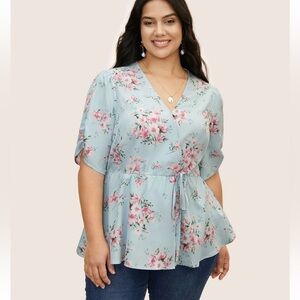 BloomChic Plus Size 2XL Floral Bishop Sleeve Wrap Gathered Blouse us18-20